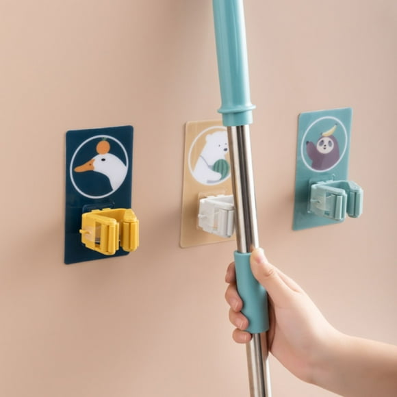 Yinreli 4Pcs Cartoon Adhesive Wall Mounted Mop Brush Holder Broom Storage Rack Organizer