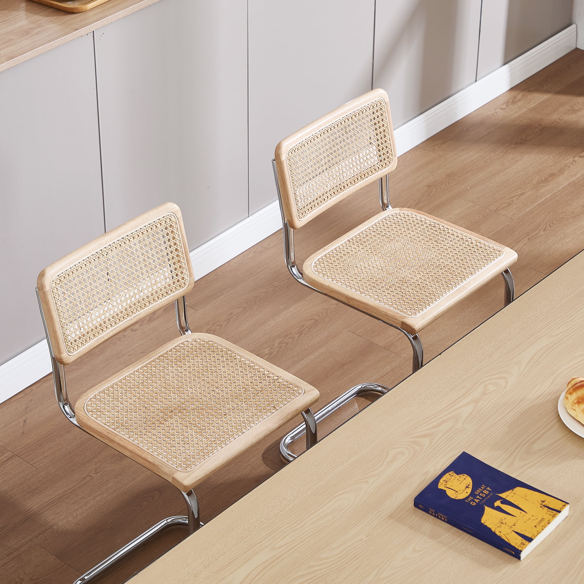 Zesthouse Rattan Counter Height Bar Stools Set of 2, 24.8" Counter Height Chairs with Cane Back, Mid Century Modern Barstools for Kitchen Island, Natural
