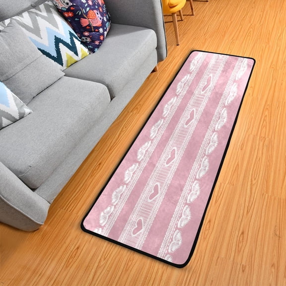 Pink Background White Lace Border Hearts Valentine Long Floor Mat Runner Rug Area Rug Carpet Water Absorbent Non-Slip 72" x 24"