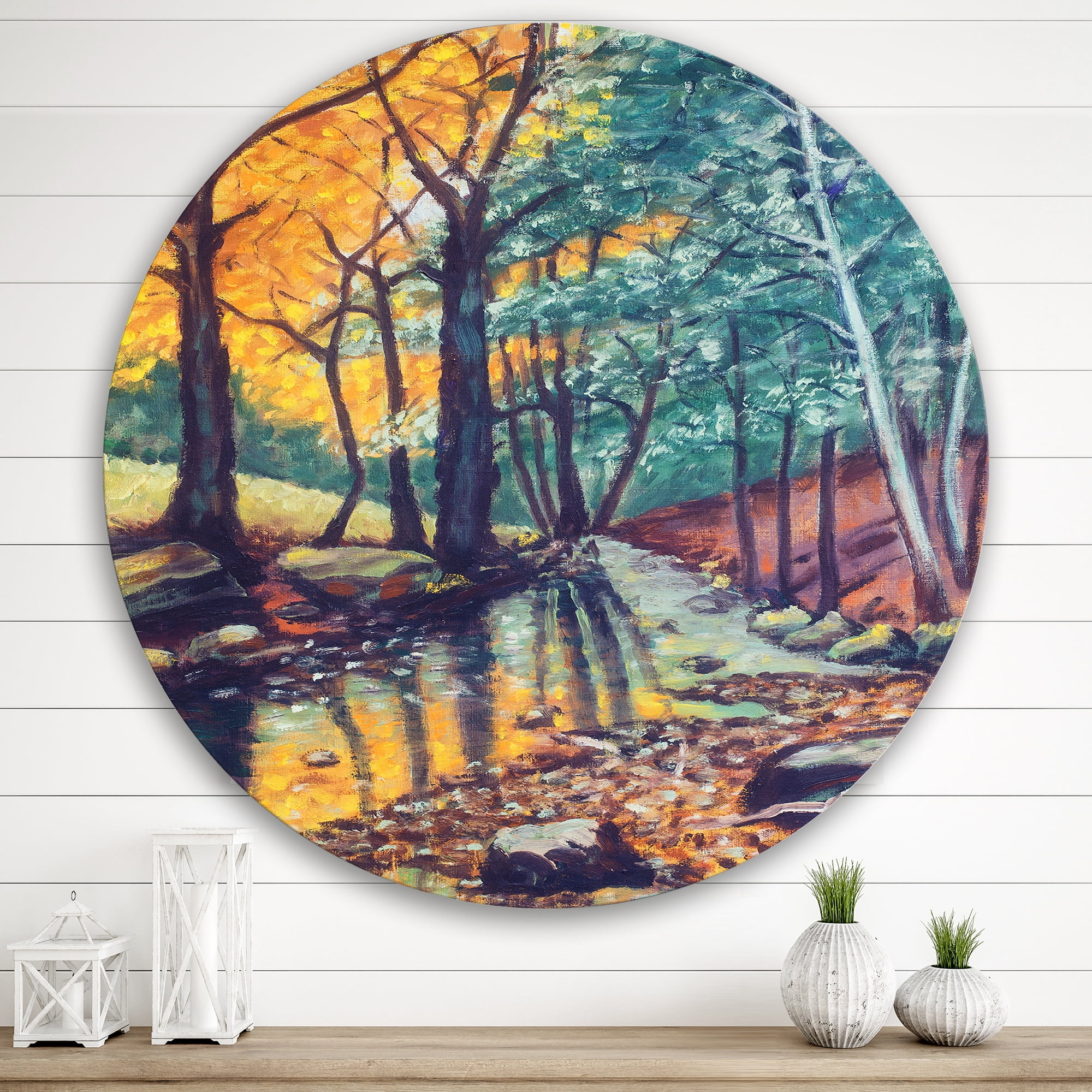 Designart 'Landscape With Autumn Forest Sunset River' Traditional Circle Metal Wall Art 29x29 - Disc of 29