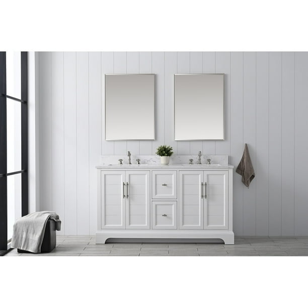 Vanity Art 60 Inch Double Sink Bathroom Vanity in White with Ceramic Sink and Engineered Marble