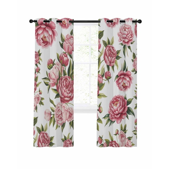Vintage Pink Flower Blackout Curtains for Bedroom Living Room, Pastoral Leaf White Background Farm 63 In Long Thermal Insulated Room Darkening Drapes Grommet Window Treatments, 52 x 63 In