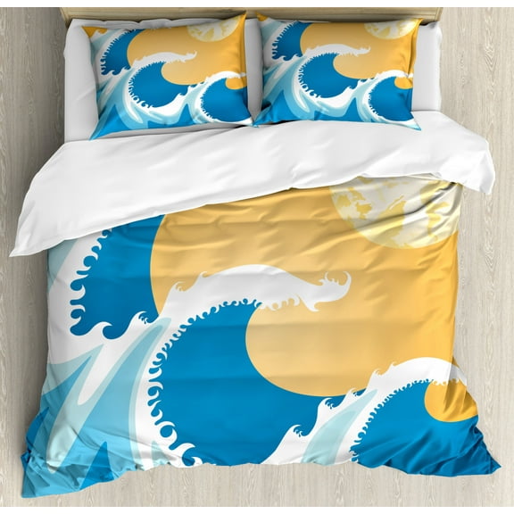 Japanese King Size Duvet Cover Set, Huge Sea Waves at Summer Noon Art Picture Tropical Ocean Storm Tide, Decorative 3 Piece Bedding Set with 2 Pillow Shams, Blue Marigold and White, by Ambesonne