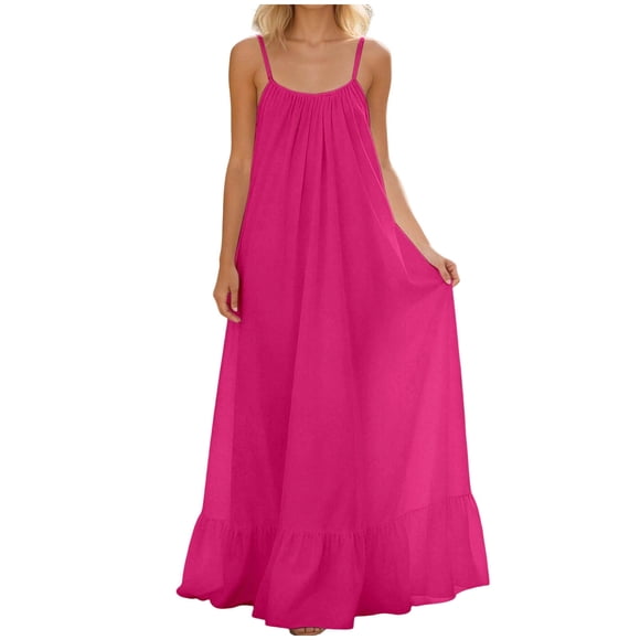 Ltctricy Summer Dresses for Women Sleeveless Spaghetti Strap V Neck Tie Backless Pleated Ruffle Hem Maxi Dress Casual Long Cami Dress