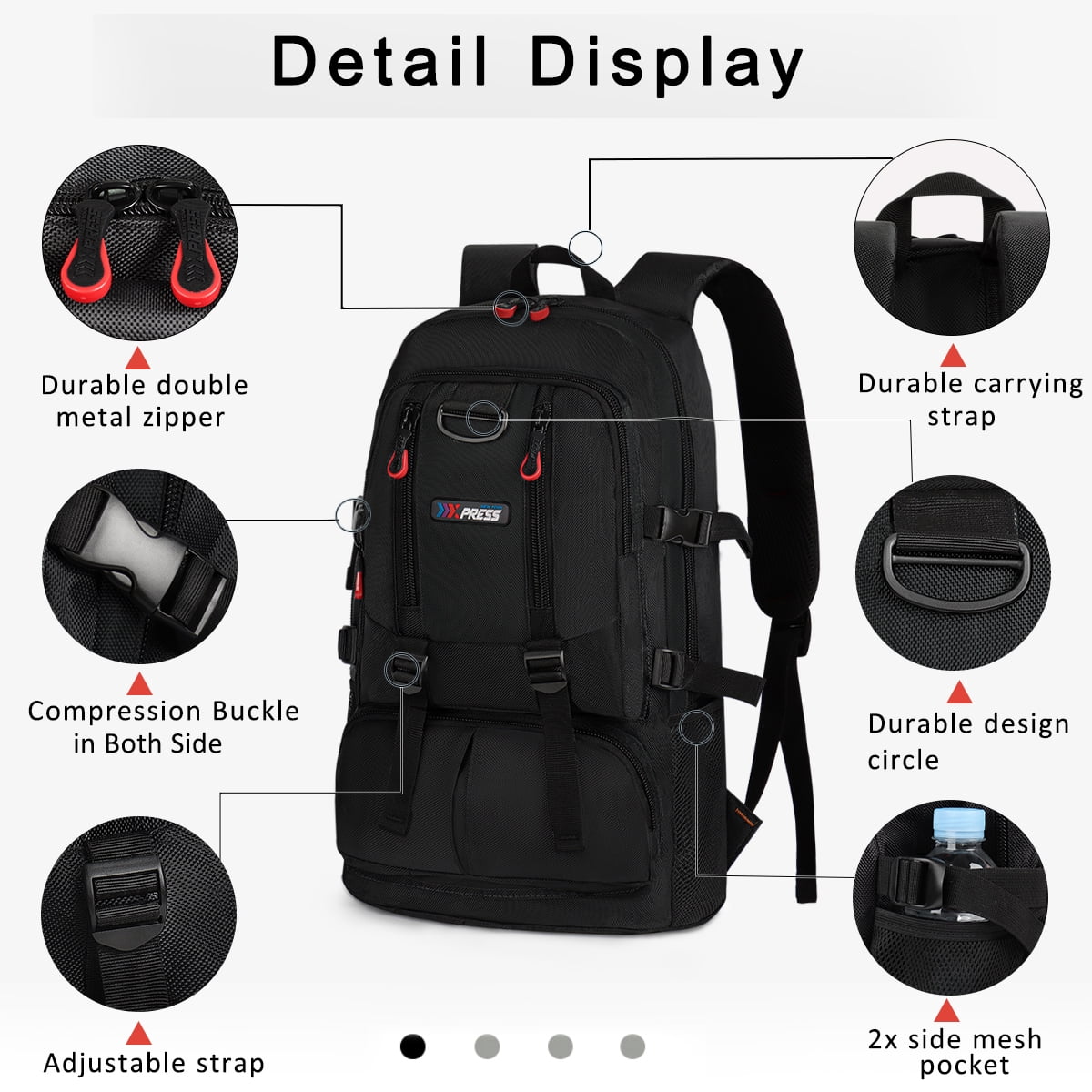 Travel Backpack Multi-Pocket Outdoor Hiking Backpack Work Daypack for Men Women, Black, A12