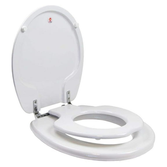 TinyHiney Potty Round Toilet Seat, Adult/Child, w/Chromed Metal Hinges (White)