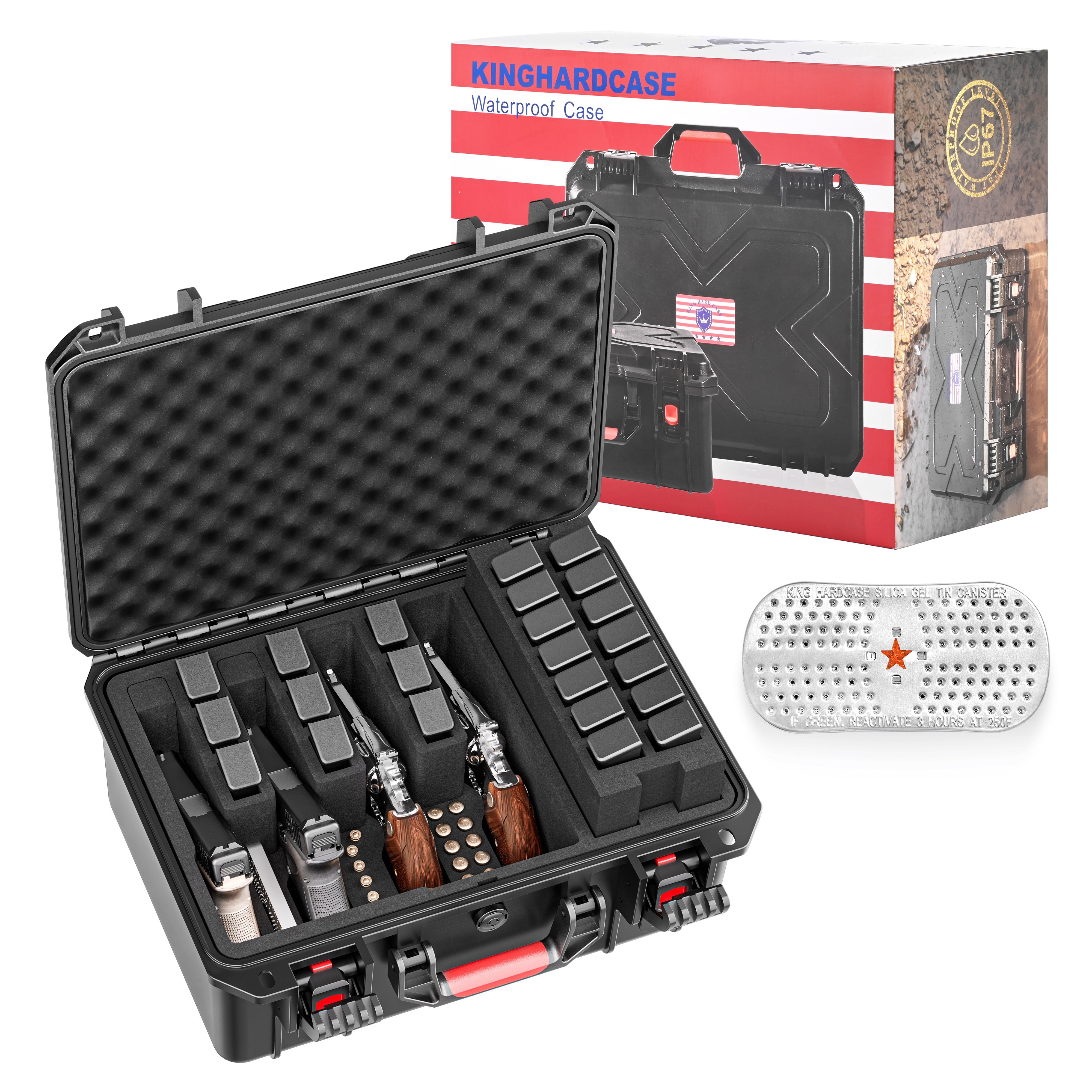 Kinghardcase 4-Slot Hard Case with Pre-Cut Foam, TSA-Compatible Lockable Waterproof Storage Box, Shockproof Equipment Case with Desiccant, 16.9"x13.7"x7"