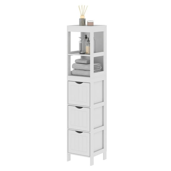 Narrow Bathroom Cabinet, White - 3 Drawers & 2 Shelves, Slim Floor Storage Organizer for Small Bathrooms, Towel & Toiletries