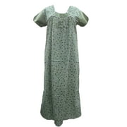 Mogul Womens Kaftan House Dress Green Printed Maxi Caftan Nightgown