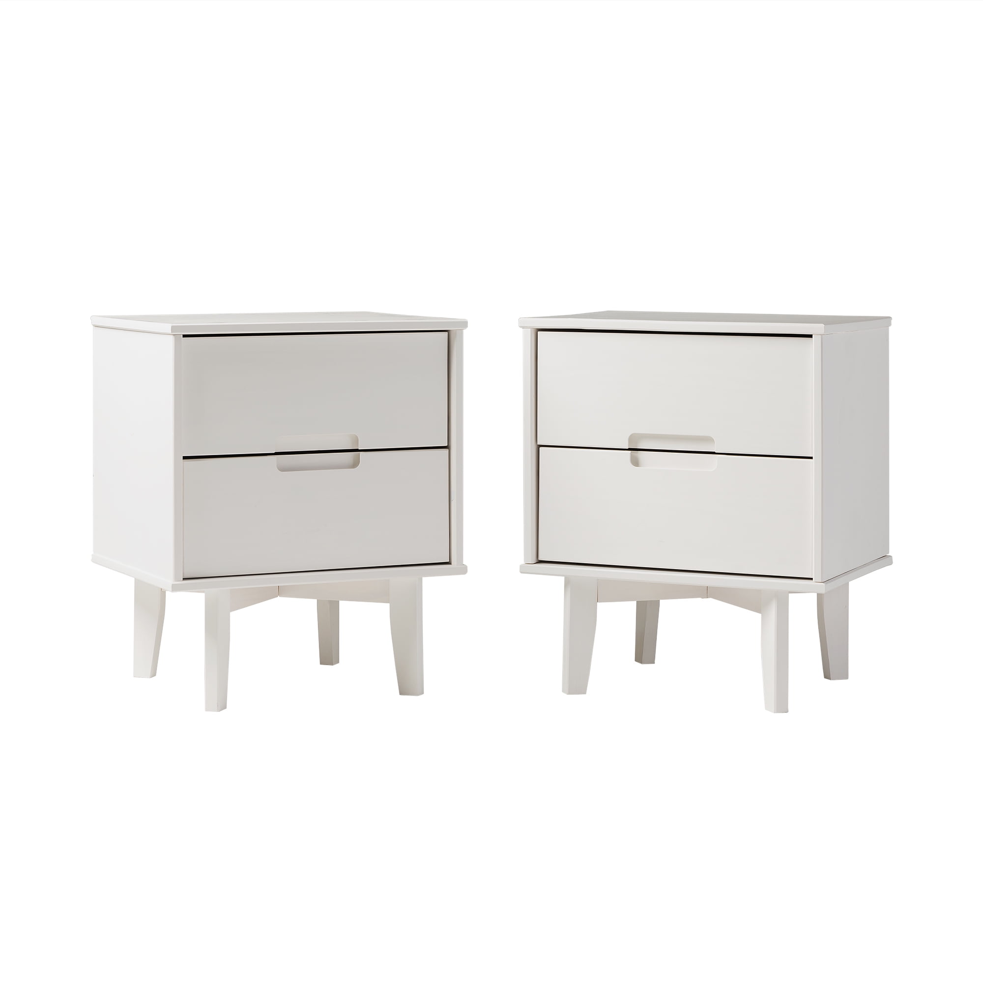 Walker Edison Mid-Century Modern 2-Drawer Solid Wood Nightstands, White, Set of 2