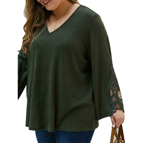 KVMeteor Women's Plus Size See Through Lace Stitching Blouse Tops