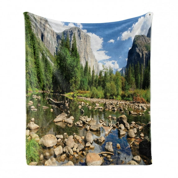 Yosemite Soft Flannel Fleece Blanket, Fluffy Clouds Forest Stones River Yosemite National Park California Usa Waterscape, Cozy Plush for Indoor and Outdoor Use, 60" x 80", Green Blue, by Ambesonne