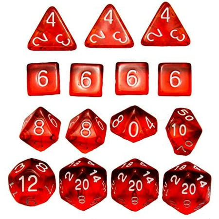 Set of 15 Large High-Visibility Polyhedral Dice: Translucent Red with