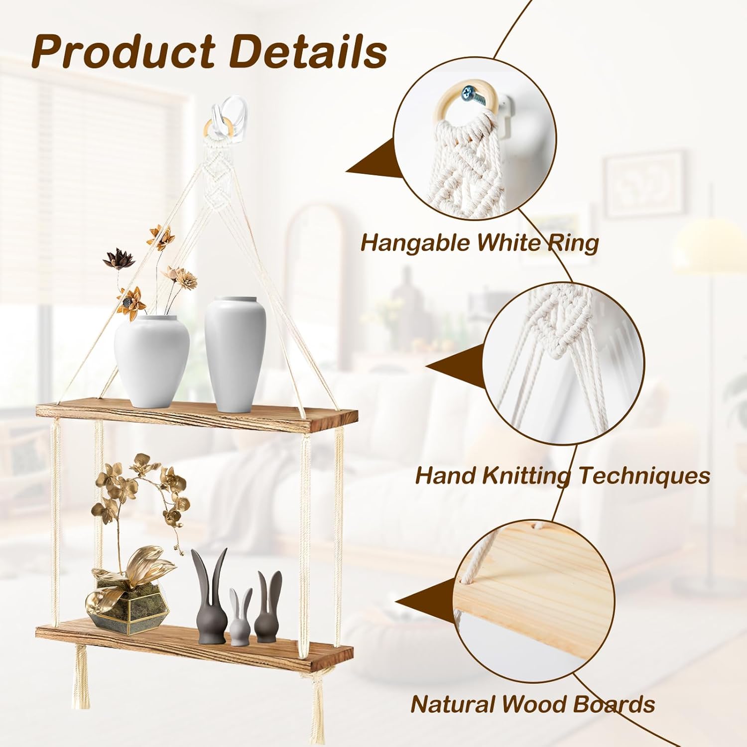 LXYWXS-Macrame Wall Hanging Shelves Boho Room Decor, 2 Tier Handmade Cotton Rope Rustic Wood Corner Floating Shelves with 2 Hooks, Decorative Hanging Storage Shelf for Living Room, Bathroom, Bedroom