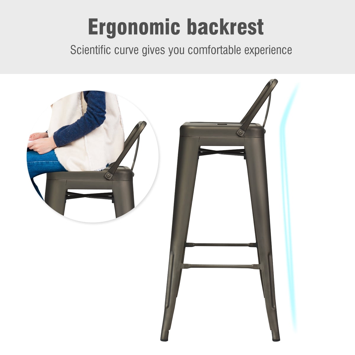 Costway Set of 4 Metal Bar Stools 30'' Bar Height Barstools Industrial w/ Low Back Gun