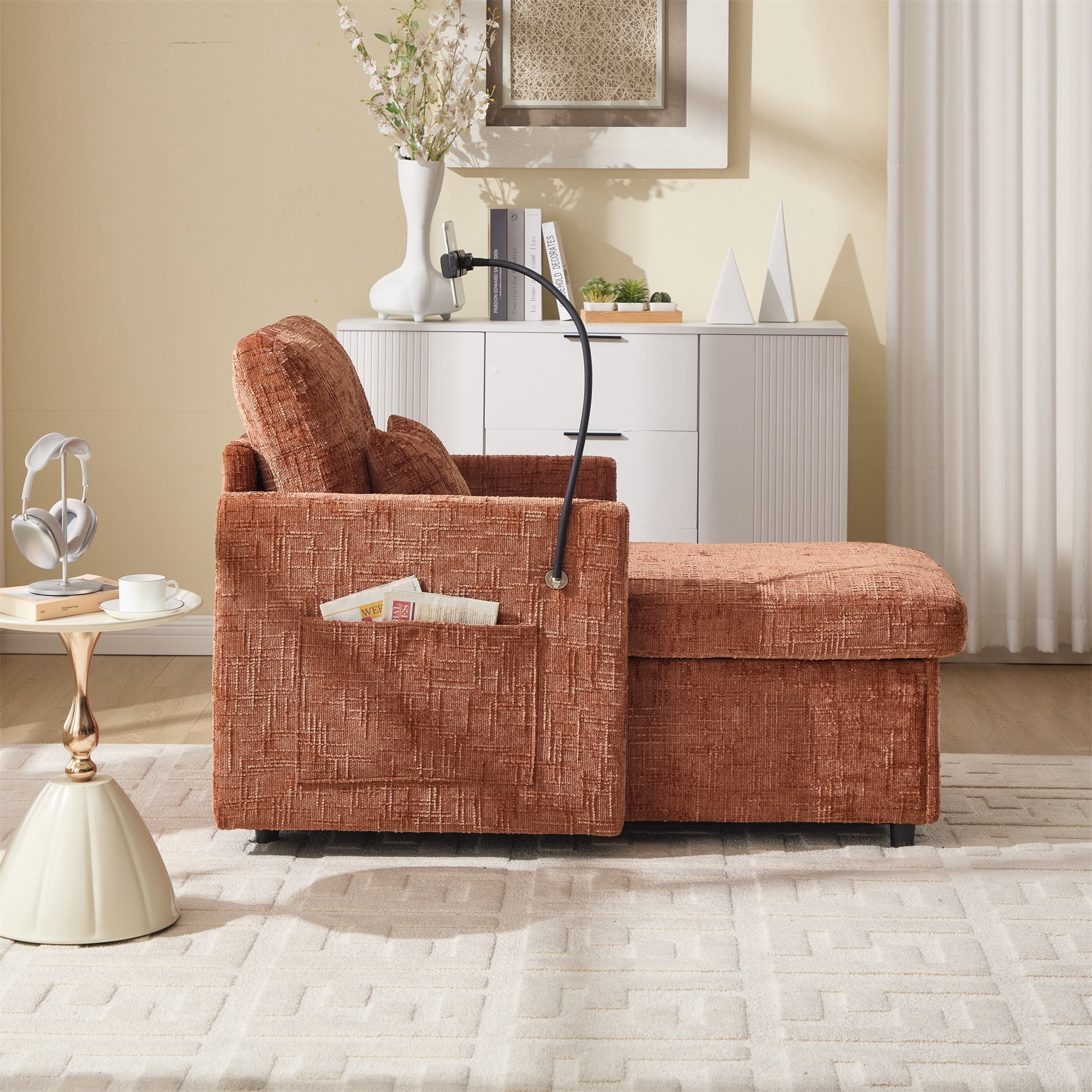 Aukfa Storage Chaise Lounge Single Sofa with Phone Holder and Pillow for Living Room Bedroom, Chenille, Orange