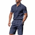 thumbnail image 4 of FRSASU Men's Cotton and Linen Polo Shirts and Shorts Set Short Sleeve 2 Piece Beach Vacation Outfits Summer Yoga Suits Navy, 4 of 9