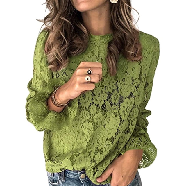 Sonducket Blusa de mujer Camisa de encaje hueco Top de color sólido Prendas para la parte del cuerpo Verde METRO
