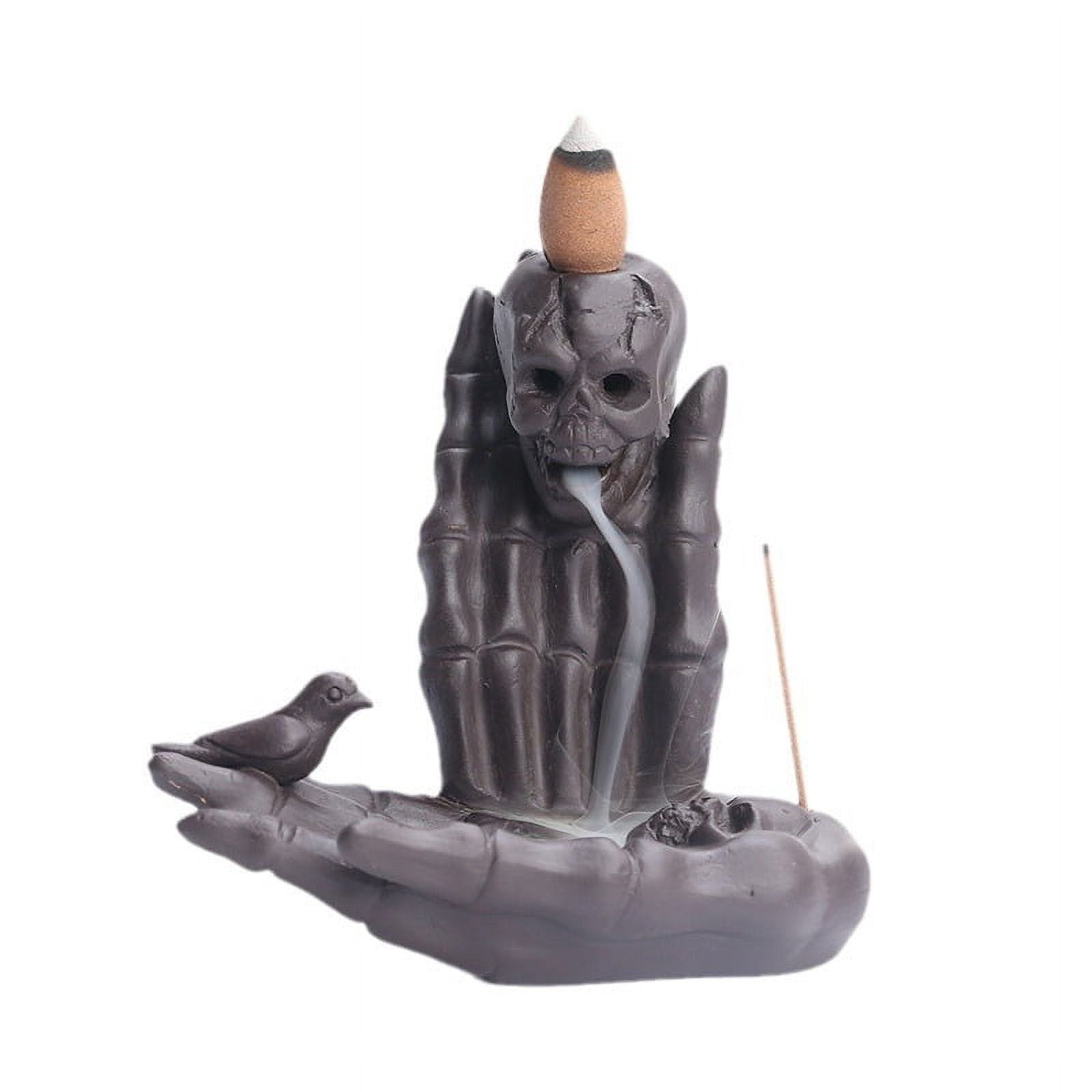 Ceramic Skull Head Incense Burner Ornament Ghost Hand Waterfall Backflow Incense Stick Holder Aromatherapy Halloween Decoration