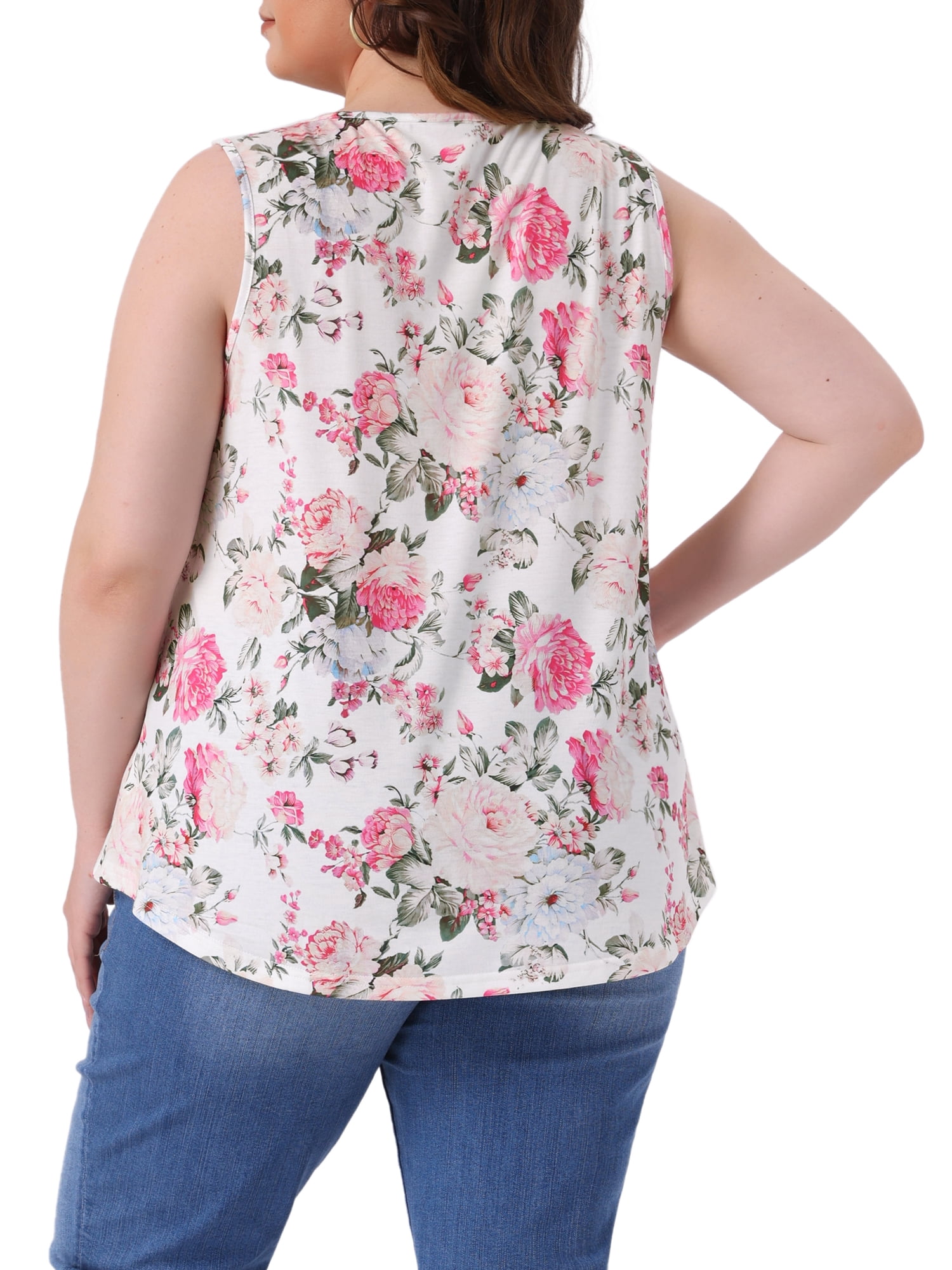 DARING DIVA Women's Plus Crew Neck Boho Pleated Curved Hem Tank Top Blouse 4X White