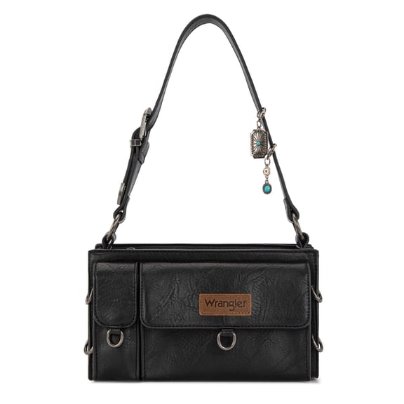 Wrangler Y2K Purse Small Shoulder Bag for Women Stylish Western Design with Detachable Charms Multiple Pockets, Black
