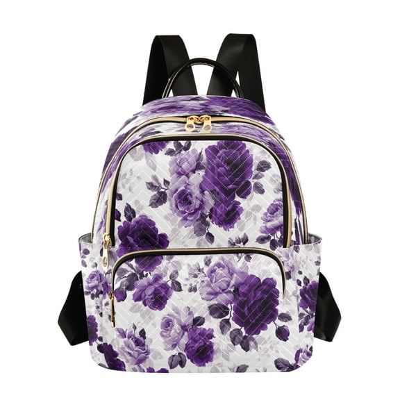 Purple Flowers Gray Leaves Quilted Backpack Fashion Daypack Commuter Bag for Women 8.5 L