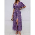 thumbnail image 6 of Purple Floral Wrap Maxi Dress With V-Neck Short Sleeves Belted Waist Flared Hem, 6 of 7