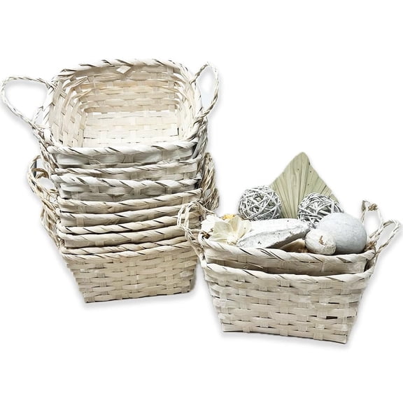 12 Pack Handmade Handwoven Rectangular Bamboo Utility Baskets with Ear Handles – 8” White Wash, Multipurpose Storage, Vanity, Pantry, Gift & Decorative Baskets – Bulk Supply Set
