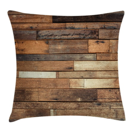Wooden Throw Pillow Cushion Cover, Rustic Floor Planks Print Grungy Look Farm House Country Style Walnut Oak Grain Image, Decorative Square Accent Pillow Case, 16 X 16 Inches, Brown, by Ambesonne