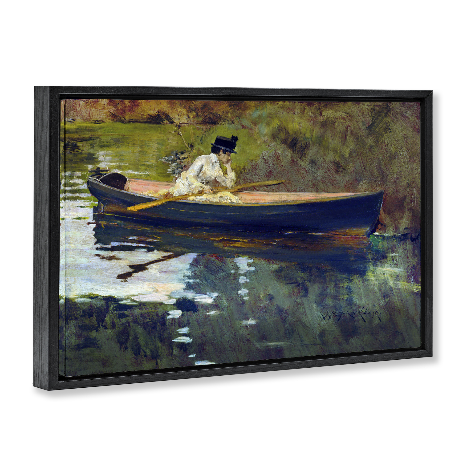 Stupell Industries Thoughtful Woman on Canoe Novelty Painting Black Floater Framed Art Print Wall Art, 25 x 17