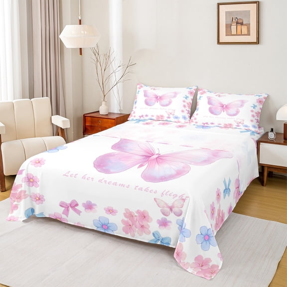 Homewish Girly Pink Butterfly Full Size Sheets, Blue Dreamy Cherry Blossoms Bed Sheets, Teens Kids Girls Women Sheet Sets, Microfiber Bedroom Decor, 4pcs