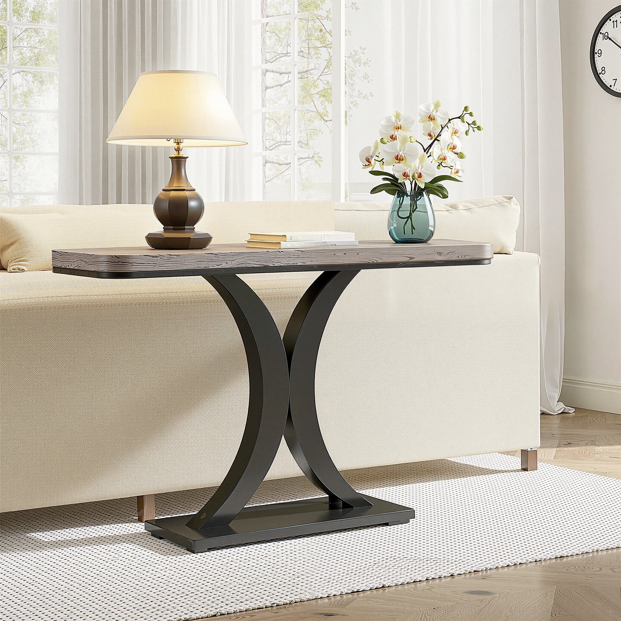 MAYEERTY 40 Inch Tall Sofa Table, Matte Black Geometric Metal Base Hallway Accent Table