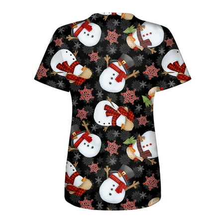 

Cakiesky Workwear Scrub Top Cartoon Pattern V-Neck Xmas Plus Size Scrub Shirts for Women Black M