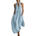 thumbnail image 3 of Women's Plunge Halter Sleeveless Pleated Long Romper Knit Jogger Maxi Jumpsuit with Pockets for Summer Beach Vacation Casual Daily Wear Light Blue L, 3 of 4
