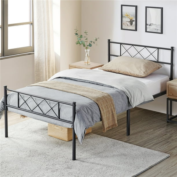 Yaheetech Black Metal Slat Base Twin Bed with X Design Headboard