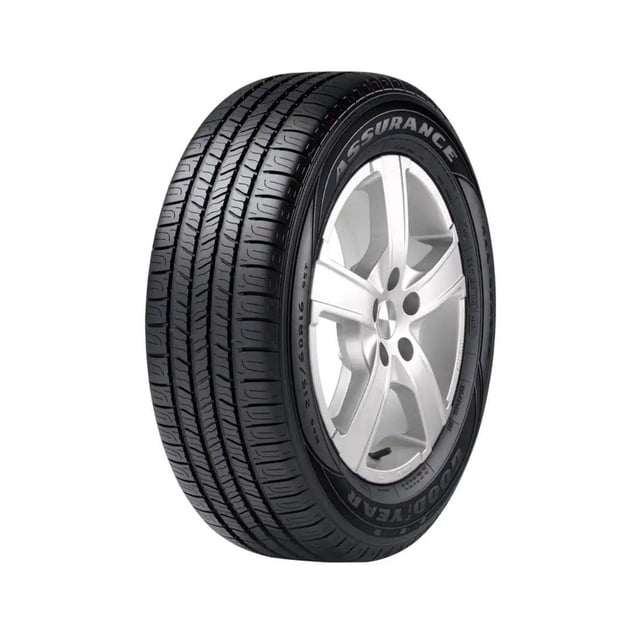 llanta 225/65r17 102t goodyear assurance all season Llanta SUV Goodyear 225/65R17 102T Assurance All Season, vista 3/4 frontal mostrando dibujo de banda de rodamiento con canales circunferenciales y laminillas, flanco con textos 'ASSURANCE' y 'GOODYEAR'; imagen ilustrativa, no incluye rin; índice de carga 102 y velocidad T. Adecuada para tracción en condiciones húmedas, secas y de nieve.