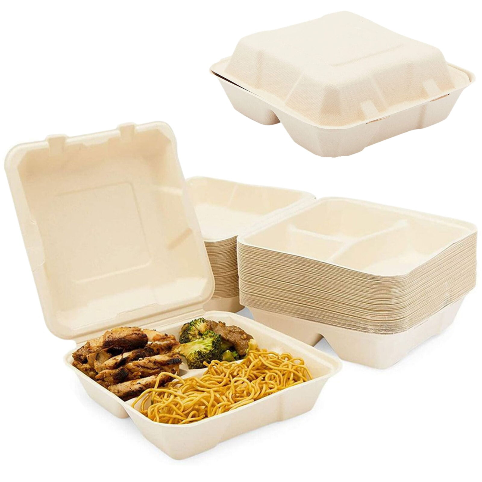 100 Compostable Clamshell Take Out Food Containers [8X8"