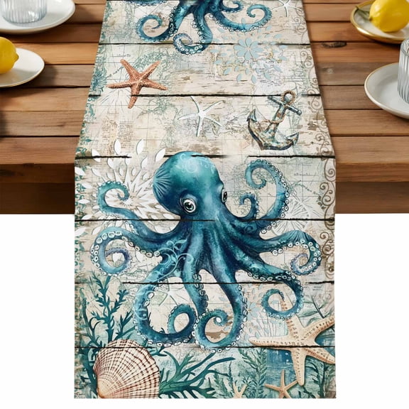 Table Runner Retro Coastal Decorative Table Runner for Kitchen Wood Texture Octopus Starfish Shell Dinning Runner for Party Wedding Holiday Indoor Outdoor 13x36inch