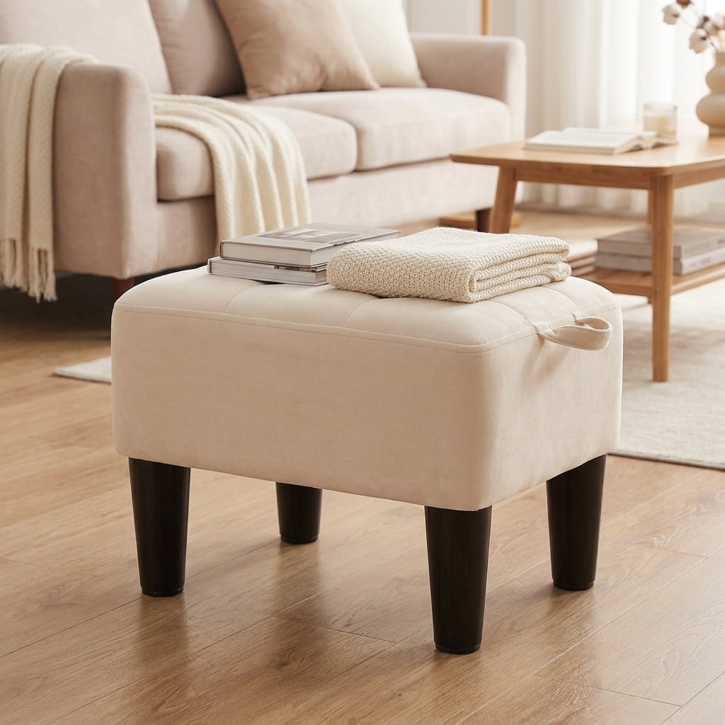 Ledrem Small Ottoman Foot Stool with Thick Cushion & Sturdy Angled Legs, Cream White