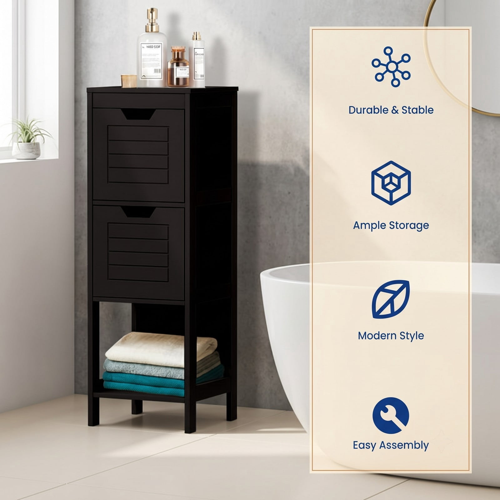 ALPULON Bathroom Wooden Floor Cabinet Multifunction Storage Rack Organizer, Freestanding Storage Stand with 2 Drawers and 3 Open Shelves for Living Room Bedroom, Black