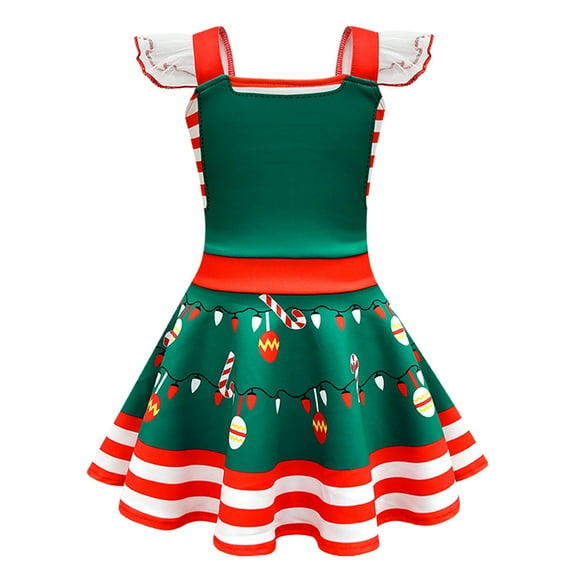 XEGLSBU Christmas Flower Girl Dress Short Front Long Back Kids Girls Flying Sleeve Christmas Cartoon Deer Print Show Dress Home Comfort Dress Green-C Size 7-8 Years