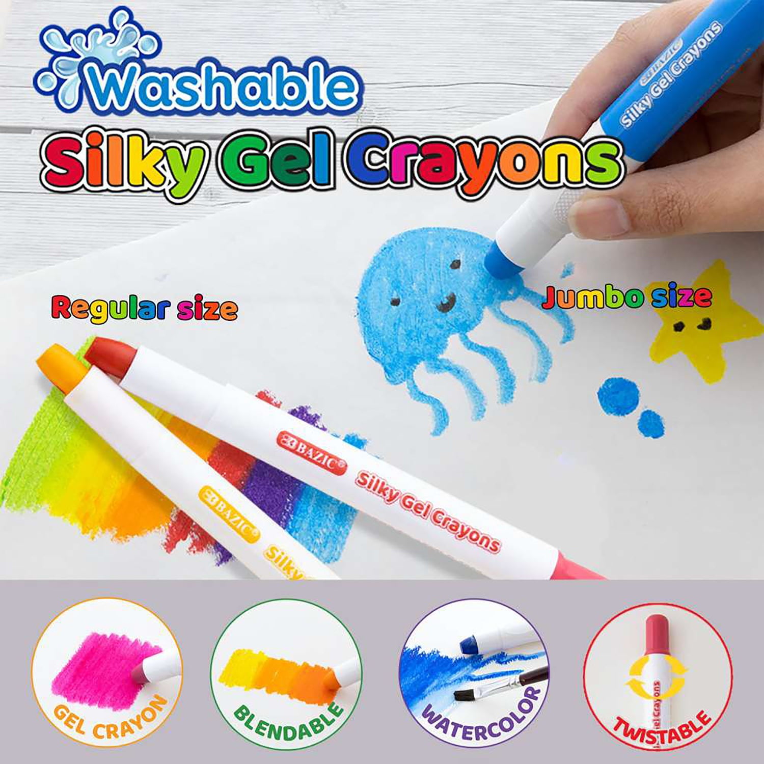 BAZIC Products Washable Silky Gel Crayons, 24 Per Pack, 2 Packs