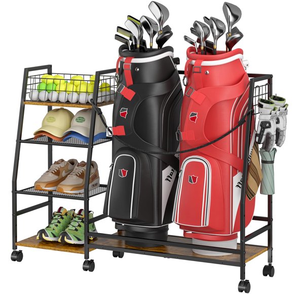 Estante de almacenamiento de bolsas de golf con ruedas para 2 bolsas - DAOUTIME