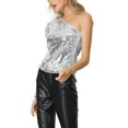thumbnail image 4 of INSPIRAR CHIC Blusa de Mujer con Lentejuelas de Un Hombro, Manga Abullonada, para Fiesta de Cóctel, Brillante y Reluciente, Color Plateado, 4 of 5