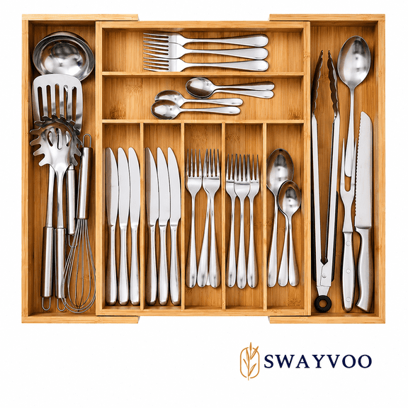 Swayvoo Bamboo Silverware Organizer, 9-Slot Expandable Kitchen Drawer Organizer, Utensil Holder & Cutlery Tray with Grooved Dividers, Knife Storage, Flatware, Office & Desk (Natural)