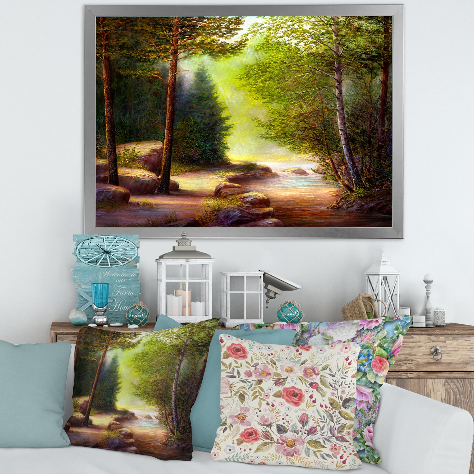 Sunrise Glow Through The Spring Trees 32 in x 16 in Framed Painting Canvas Art Print, by Designart