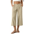 thumbnail image 2 of Women's Cotton Blend High Waisted Wide Leg Capri Pants,Casual Cropped Trousers with Pockets for Summer Wear,Beige,Women's Capri L, 2 of 7