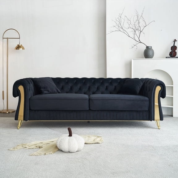 Modern Velvet Chesterfield Living Room Sofa 89''W with 2 Seat Cushions & 2 Toss Pillows