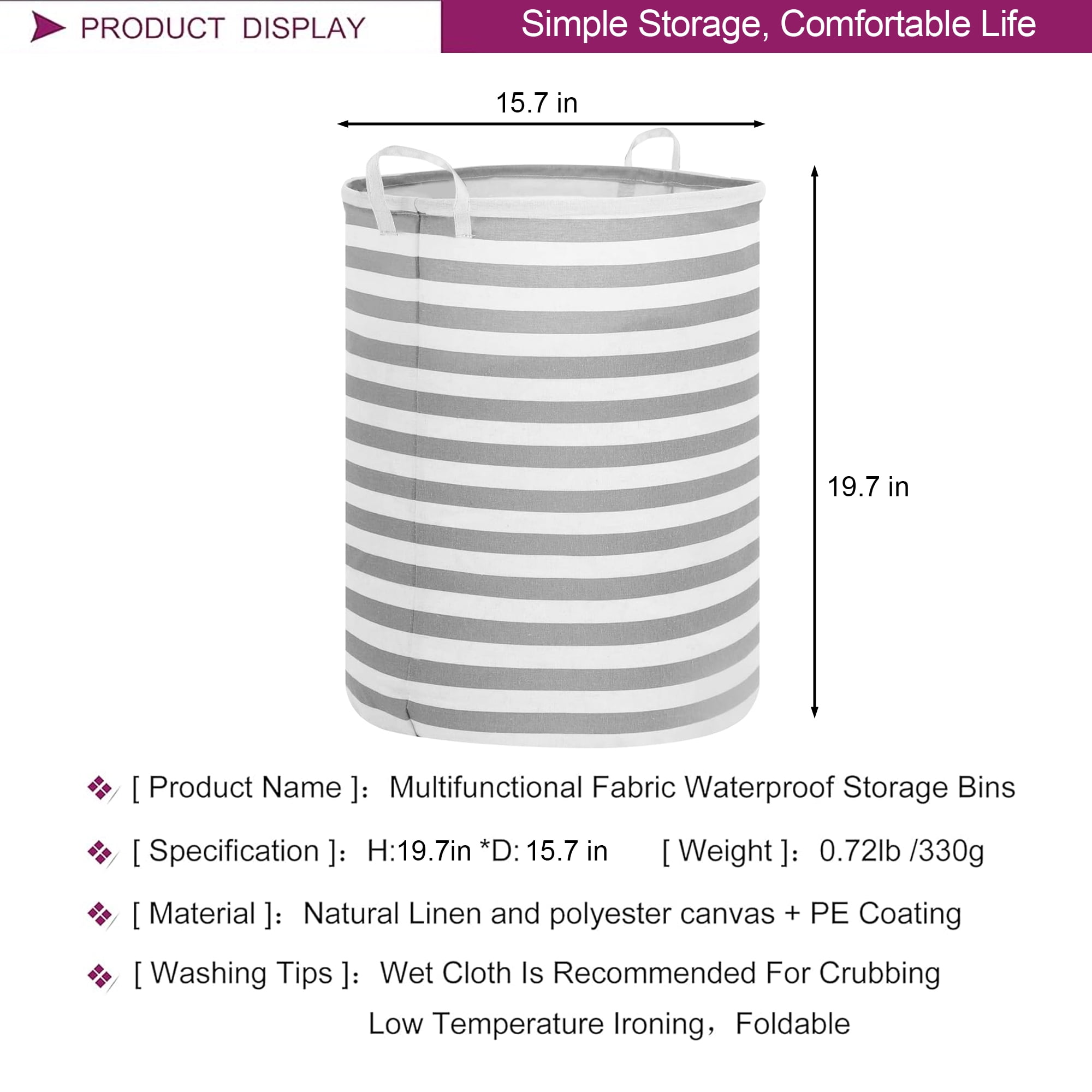 Sortora Large Laundry Hamper, Waterproof Canvas Laundry Basket, Collapsible Storage Basket Bin for Kids Room, Toy Organizer, Nursery Hamper, Clothes Hamper, Gray Stripes