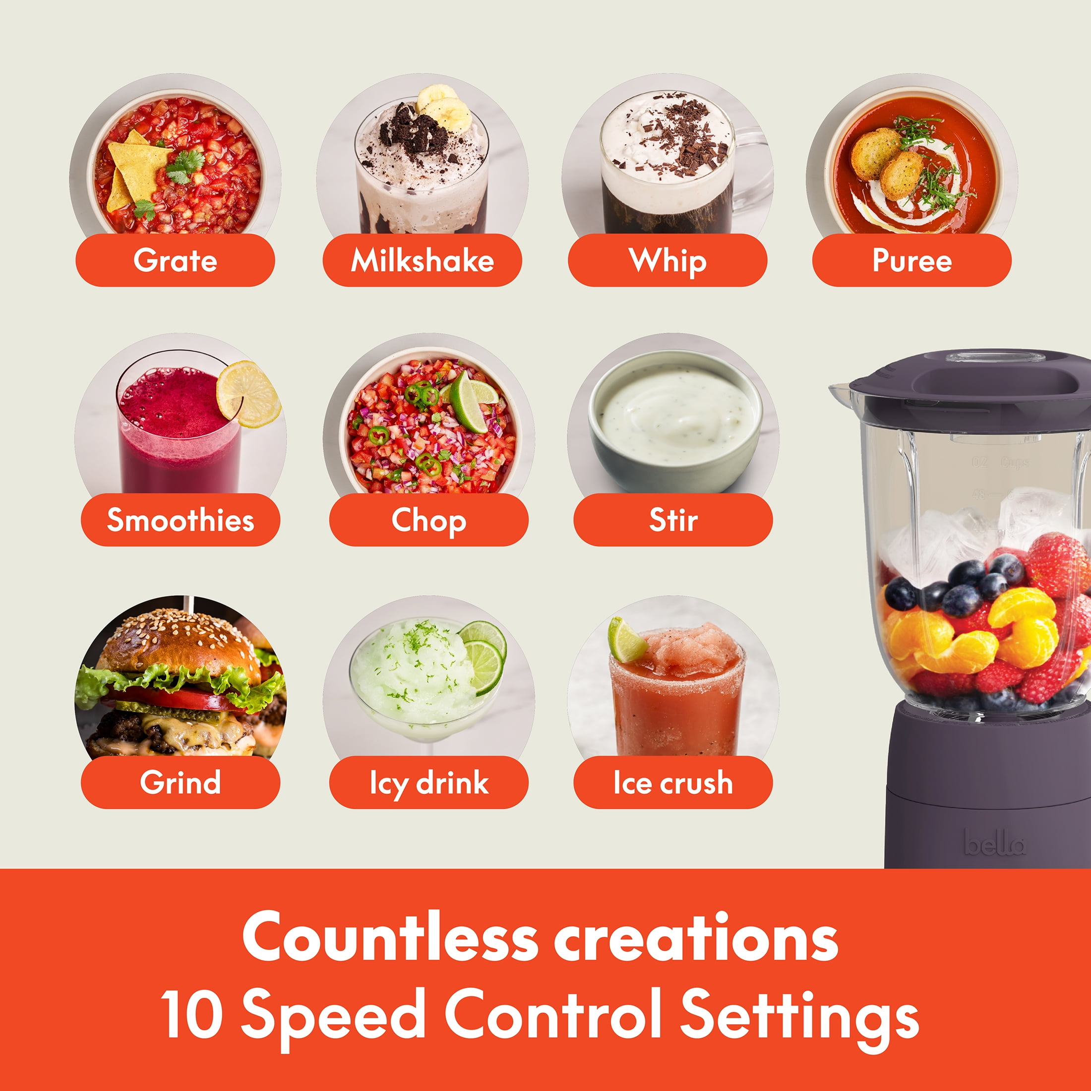 bella 10 Speed Countertop Blender, 48 oz Dishwasher Safe Pitcher, Juicer & Smoothie Maker with Fits-Anywhere™ Slim Flip & Store Design, Stainless Steel Blade, Plum